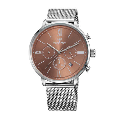

SKONE 2016 Brand Fashion Luxury Full Steel Men Casual Wristwatch Calendar Waterproof Mans Business Dress Watch W Sub-dials