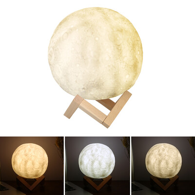 

18cm Diameter ABS 3D LED Moon Light USB Rechargeable 3-Color Dimmable Luna Lamp Bedside Table Night Light with Wooden Stand