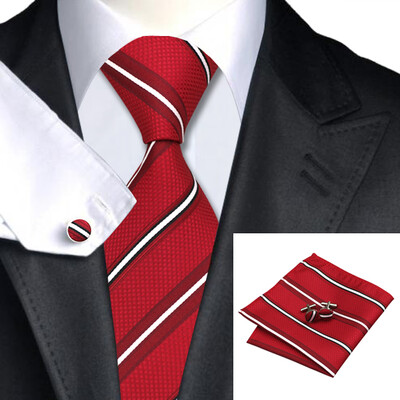 

N-0362 Vogue Men Silk Tie Set Red Stripes Necktie Handkerchief Cufflinks Set Ties For Men Formal Wedding Business wholesale