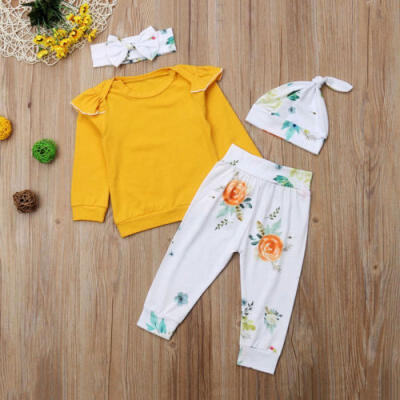 

Cute Toddler Baby Girls Tops Shirt Flower Pants Hat Headband 4PCS Outfits Set