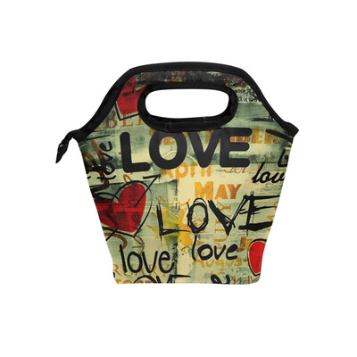 

Insulated Lunch Tote Bag Love Graffiti Travel Picnic Lunch Handbags Portable Zipper Lunch Bag Box