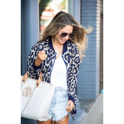 

US Women Ladies Classic Leopard Print Jacket Coats Zip Biker Casual Tops Outwear