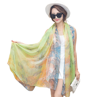 

【Jingdong Supermarket】 Meng Si Ke (MSEK) WSJ161677 Ms. scarves retro national wind cashews hit color printing thin long imitation silk scarves light green