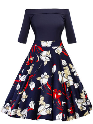 

Vintage Off The Shoulder Floral Print Skater Dress