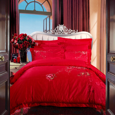 

FuANNA FUANNA home textile bedding sets cotton wedding embroidery six sets of Mu Pingteng 18 m bed for 230 229cm red