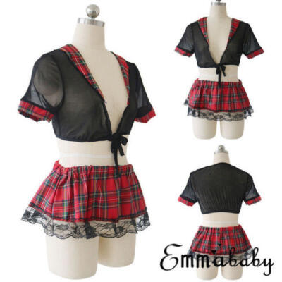 

US Sexy Women Plaids G-String Deep V-neck Tops Mini Dress Lingerie Babydoll Set