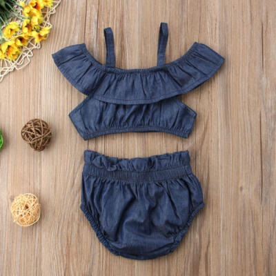 

Fashion Newborn Baby Girl Denim Outfits Off-shoulder TopsShort Pants Clothes AU