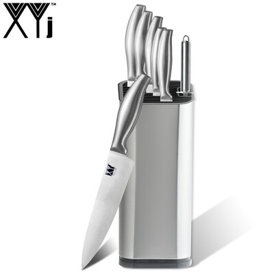 

XYj 8 Pcs Stainless Steel Kitchen Knives Set Bend Handle Sharp Blade with Knife Holder Sharpener Rod Kitchen Tools
