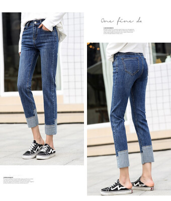 

2018 autumn&winter new elastic womens jeans stretch slim with fleece thickened hem small straight tube jeans women