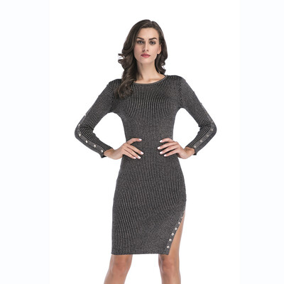 

Hem slit button knit dress&long wool skirt package hip woman