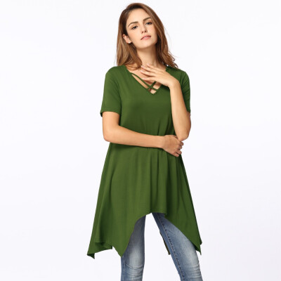 

Sexy Women Asymmetric T-Shirt Criss Cross V Neck Short Sleeve Blouse Solid Loose Casual Tunic Top BlackGreyArmy Green