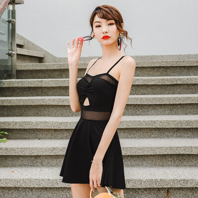 

Beidisi swimsuit female conservative one-piece skirt-style belly slimming Korean small fresh spring swimwear swimsuit 18351 black