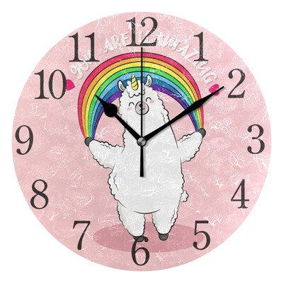 

Wall Clock Arabic Numerals Design Rainbow Llama Round