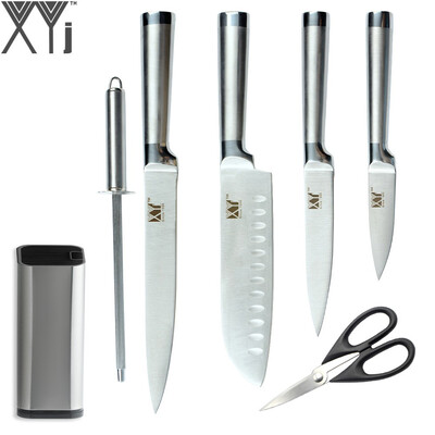 

XYj Brand 4 Pcs Kitchen Stainless Steel Knives 8 inch Knife Stand Sharpening Rod Scissor Durable Cooking Tools
