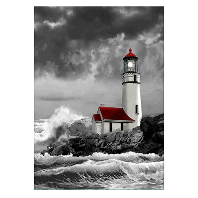 

UpperX 5D DIY Diamond Mosaic Lighthouse Diamond Painting Cross Stitch Seaside House Round Diamond Embroidery Sea Home Decor