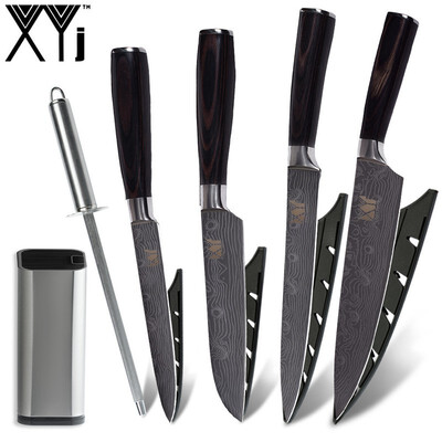 

XYj Kitchen Knives Damascus Veins Blade Stainless Steel Kitchen Knife And 8 inch Knife Holder Sharpener Bar
