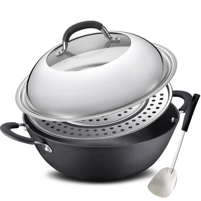 

Jingdong Supermarket Ai Shida 34CM uncoated hard cast no rusty wok CF34D1WG iron pot stew pot steam cooker instantaneous fire with steam with a grate