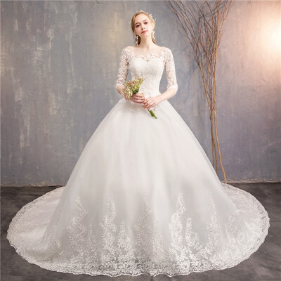 

Elegant Long Train Wedding Dress The Half Sleeve Ball Gown Luxury Lace Embroidery O-neck Bride Gown