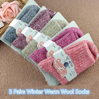 

5 Pairs Womens Cashmere Wool Thick Warm Socks Lady Winter Fashion Striped Design