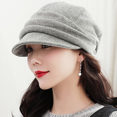 

Lan Shi Yu hat ladies autumn&winter Korean version of the beret wool cap casual solid color pile cap M04514 light gray
