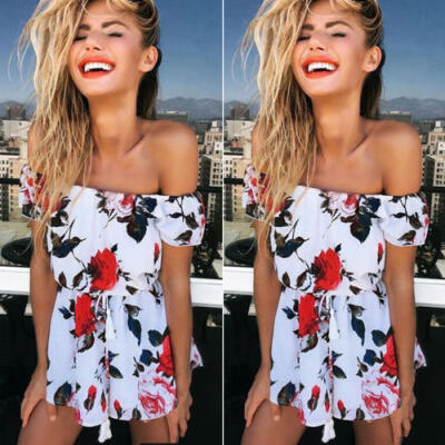 

US Womens Holiday Mini Playsuit Ladies Jumpsuit Summer Off Shoulder Beach Dress