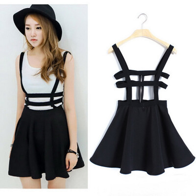 

Women Pleated Suspender Skirt Braces Hollow Out Bandage Mini Skater dress