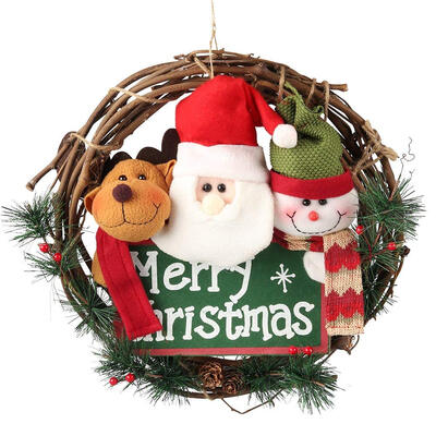 

UpperX 33cm Merry Christmas Wreath Decor Grapevine Wreath Front Door Wreaths Reindeer Snowman Santa Claus
