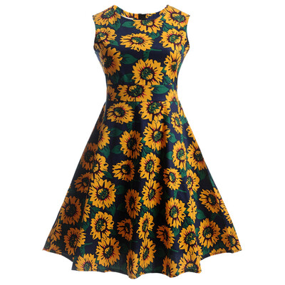 

Sunflower Print Self-Tie Vintage Tea Dress