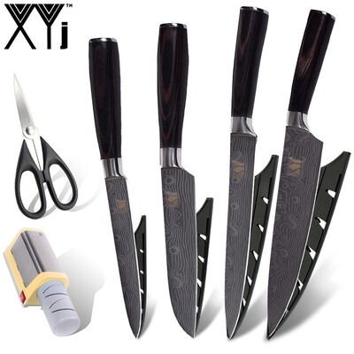 

XYj Kitchen Knife Damascus Veins Blade Stainless Steel Knife Set With Yellow Electric Knife Sharpener