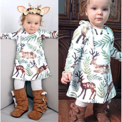 

Christmas Gift Kids Baby Girl Princess Dress Deer Wildlife Costume Flower Dress