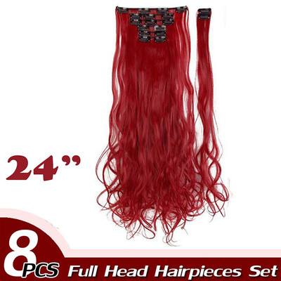 

17" Curly Hair Full Head Clip in Hair Extensions Synthetic 8 Piece 18 Clips Hairpiece Long Wave Trendy Design for Women