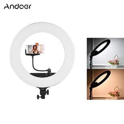 

Andoer 18inch LED Video Ring Light Fill-in Lamp Studio Photography Lighting 80W Dimmable 3200K-5800K Bi-color with Phone Holder Ca