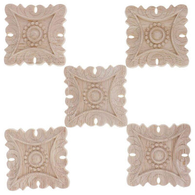 

UpperX 5 Pcs Square Carved Wood European Style Sculpture Wall Lamp House Decor Accessories Door Furniture Figurines- 3 5 X 5 Cm