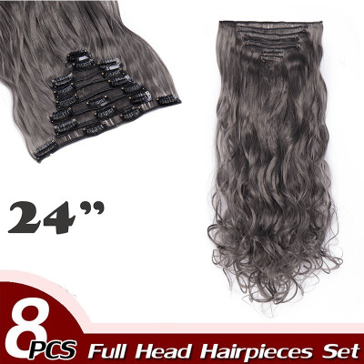 

17" Curly Hair Full Head Clip in Hair Extensions Synthetic 8 Piece 18 Clips Hairpiece Long Wave Trendy Design for Women