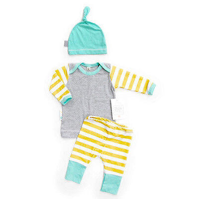 

Newborn Baby Girls Boys Long Sleeve Striped Tops T-shirt Pants Hat 3pcs Outfits