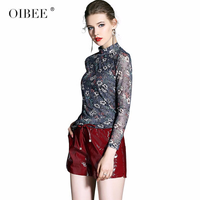 

OIBEE2018 autumn new womens fashion small floral stretch half-high collar long-sleeved wild T-shirt female bottoming shirt
