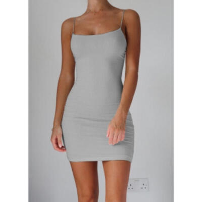 

Sexy Women Solid Strap Sleeveless Stretchy Hip Bodycon Mini Short Club Dresses