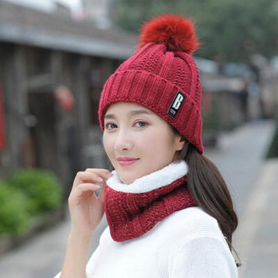 

2Pcs Women Winter Scarf Hat Warm Set Solid Knitted Soft Cotton Bib Scarves