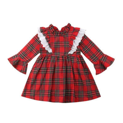 

Canis Toddler Kid Baby Girls Lace Plaids Long Sleeve Romper Bodysuit Party Dress