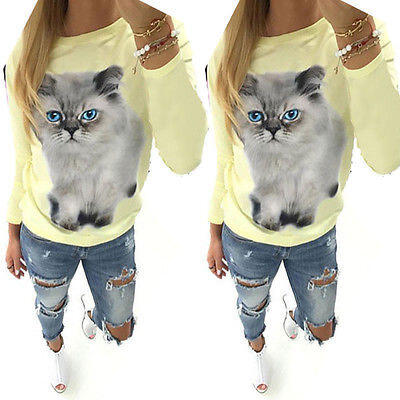 

New Womens Ladies Long Sleeve Cat Pattern Top Shirt Tops Blouse T-Shirt