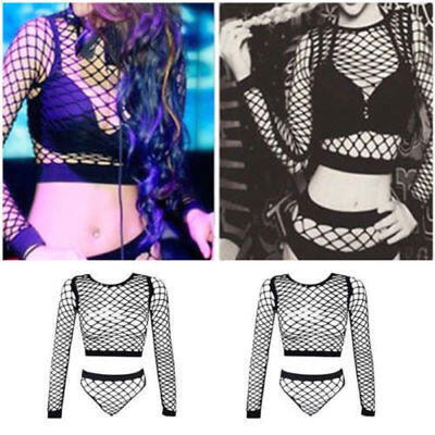 

Women Ladies Long Sleeve See Through Mesh Fishnet Crop Top T-Shirt Panties Set