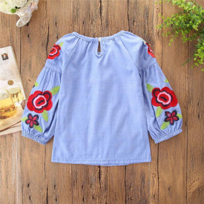 

Floral Girl Princess Dress Kid Baby Party Wedding Pageant Denim Dress Clothes US