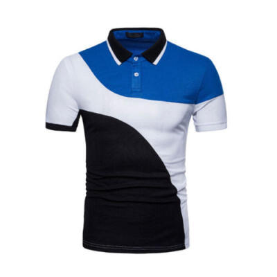 

New Mens Polo Shirts Short Sleeve Tops Patchwork Contrast Color Casual T-Shirts