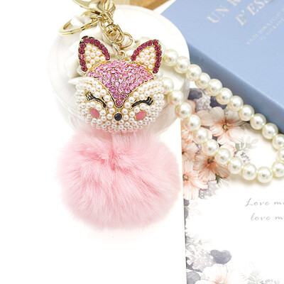 

Crystal Fox Charms Real Rabbit Fur Phone Case Straps Pearl Keychain Cony Hairs Balls Car Keychains Alloy Metal Pendant Plush Poms