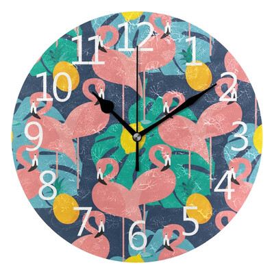 

Wall Clock Arabic Numerals Design Pink Flamingos On Dark Blue Round