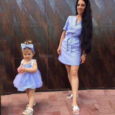 

Mother&Daughter Stripe Dress Matching Women Kid Girls Casual Family Clothes