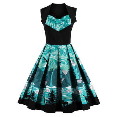 

Vintage Elk Forest Print Bowknot Christmas Skater Dress
