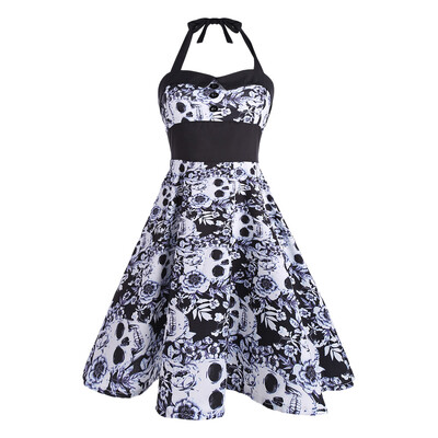 

Vintage Floral Skull Print Backless Dress