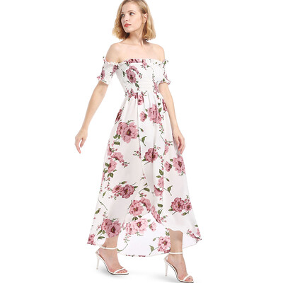 

Sexy Off The Shoulder Short Sleeve Floral Print Slit High-low Chiffon Women Maxi Dress
