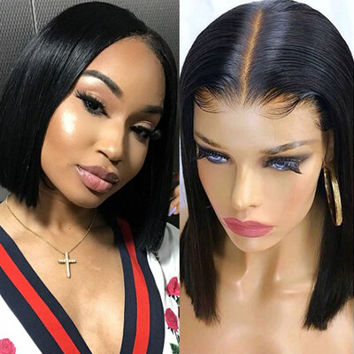 

Human Hair Short Cut Bob Lace Front Wigs for Black Women Middle Part Natural Black Hair Straight Black Short Bob Lace Wigs